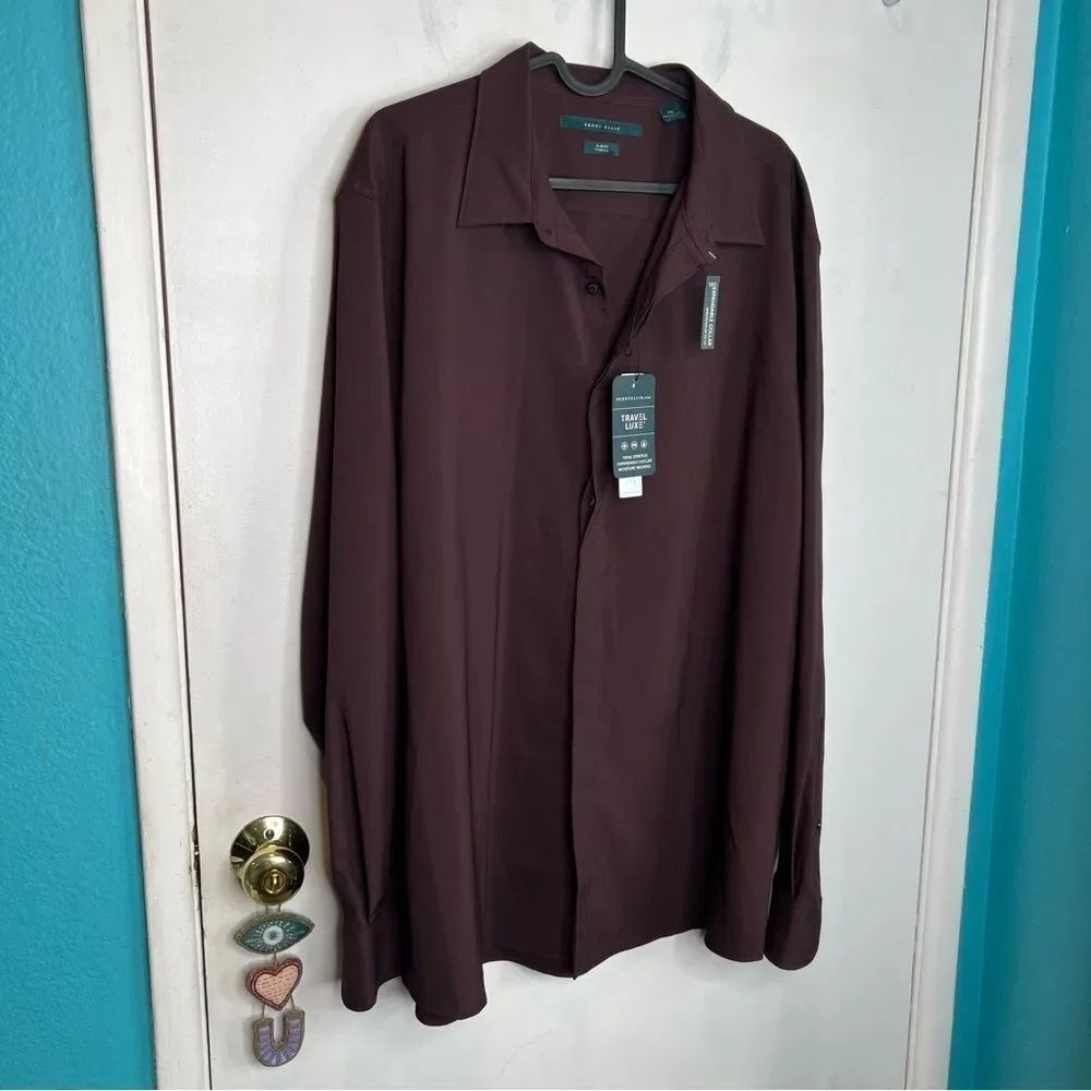 Perry Ellis slim fit stretchy button down shirt in dark maroon travel Lux